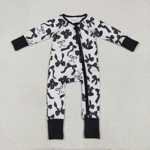 LR2253 Bows Black Baby Zipper Romper Footie Sleepers