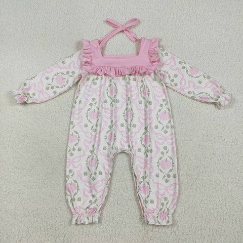 LR2255 Pumpkin Bows Pink Baby Girls Romper
