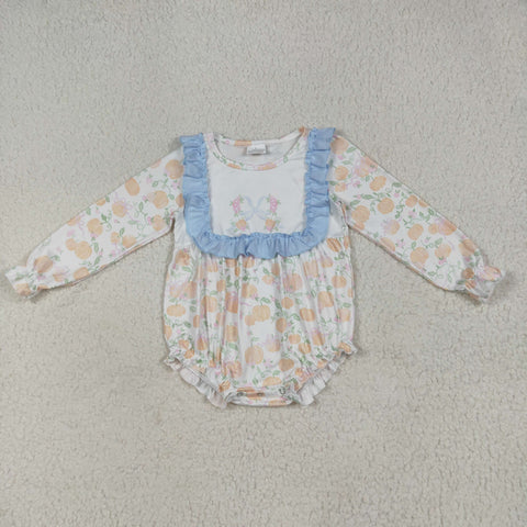LR2256 Pumpkin Flower Bows Sky Blue Baby Girls Romper