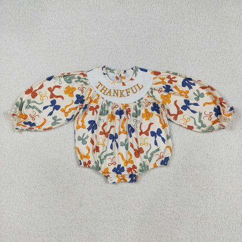 LR2257 Thankful Bows Smocked Baby Girls Bubble Romper