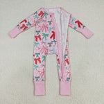 LR2266 Christmas Coquette Bows Pink Baby Zipper Romper Sleepers