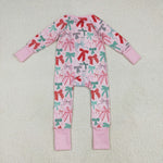 LR2266 Christmas Coquette Bows Pink Baby Zipper Romper Sleepers