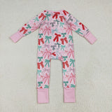 LR2266 Christmas Coquette Bows Pink Baby Zipper Romper Sleepers