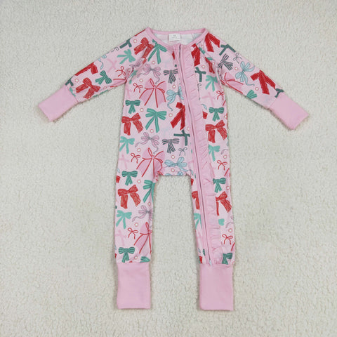 LR2266 Christmas Coquette Bows Pink Baby Zipper Romper Sleepers