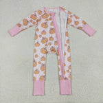 LR2271 Fall Pumpkin Bows Pink Baby Zipper Romper Sleepers