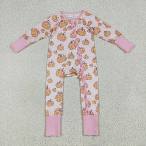 LR2271 Fall Pumpkin Bows Pink Baby Zipper Romper Sleepers
