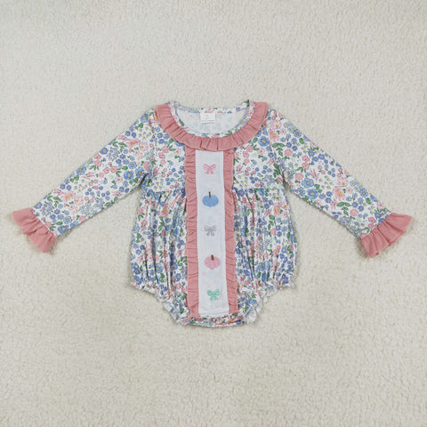 LR2273 Embroidery Pumpkin Bows Flower Cute Baby Girls Romper