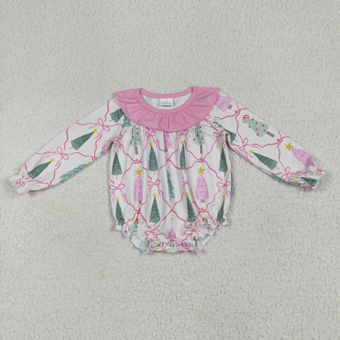 LR2275 Christmas Trees Bows Pink Baby Girls Romper