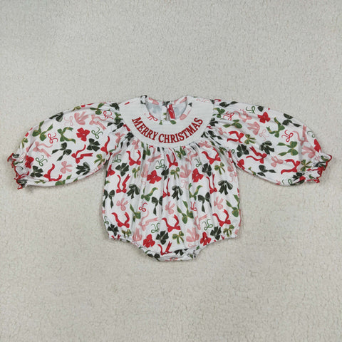 LR2276 Merry Christmas Coquette Bows Smocked Baby Girls Bubble Romper