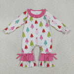 LR2280 Christmas Trees Bows Pink Baby Girls Romper
