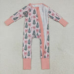 LR2283 Christmas Trees Bows Pink Baby Zipper Romper Sleepers