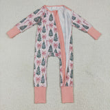 LR2283 Christmas Trees Bows Pink Baby Zipper Romper Sleepers