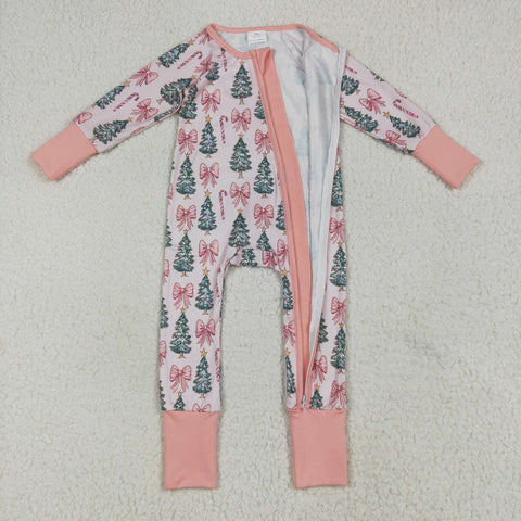 LR2283 Christmas Trees Bows Pink Baby Zipper Romper Sleepers