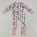 LR2283 Christmas Trees Bows Pink Baby Zipper Romper Sleepers