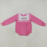 LR2287 Embroidery Thanksgiving Day Turkey Pumpkin Pink Baby Girls Romper