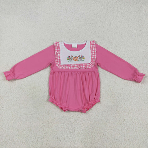 LR2287 Embroidery Thanksgiving Day Turkey Pumpkin Pink Baby Girls Romper