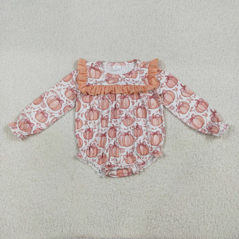 LR2295 Fall Pumpkin Bows Orange Baby Girls Romper