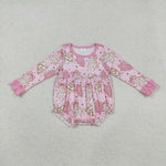 LR2301 Christmas Trees Pie Bows Pink Baby Girls Romper