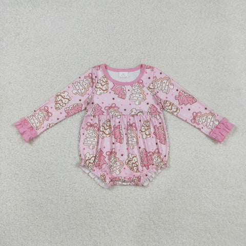 LR2301 Christmas Trees Pie Bows Pink Baby Girls Romper