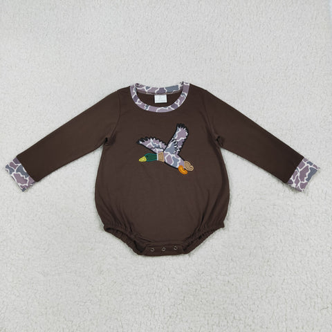 LR2310 Embroidery Mallard Ducks Camo Brown Baby Boys Romper
