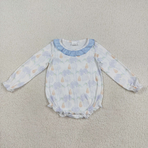 LR2312 Pumpkin Bows Blue Baby Girls Romper