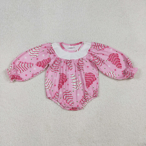 LR2333 Christmas Trees Cake Pie Pink Baby Girls Bubble Romper