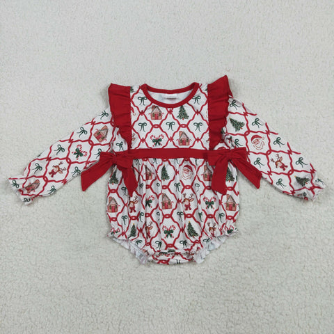LR2352 Christmas Bear Bows Santa Trees Red Baby Girls Romper