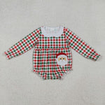LR2357 Embroidery Christmas Santa Plaid Baby Girls Romper