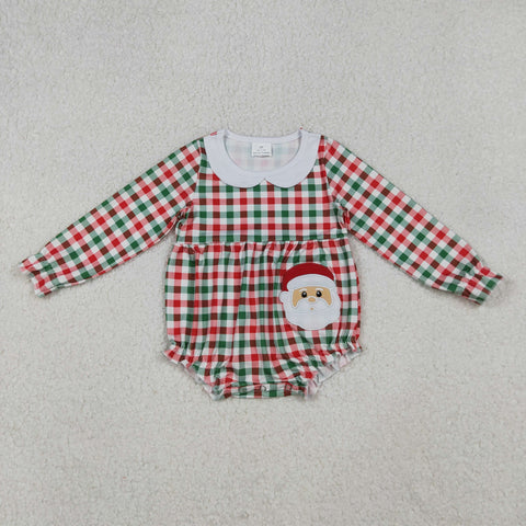 LR2357 Embroidery Christmas Santa Plaid Baby Girls Romper