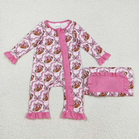 LR2361 Football Bows Plaid Pink Baby Sleepers