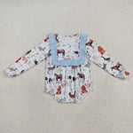 LR2362 Farm Animals Barn Sky Blue Baby Girls Romper