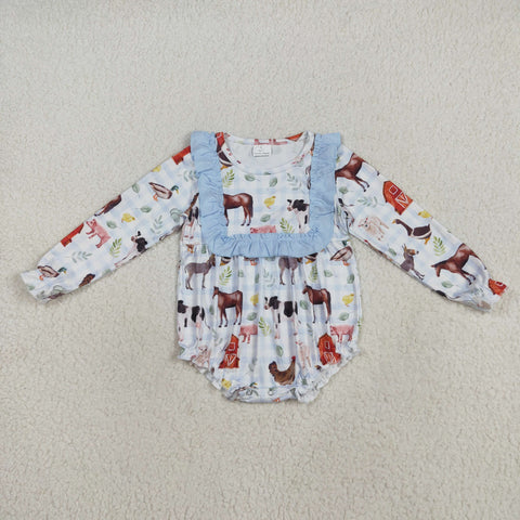 LR2362 Farm Animals Barn Sky Blue Baby Girls Romper