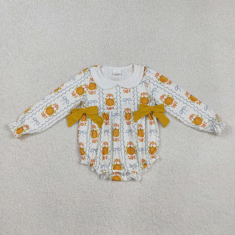 LR2389 Pumpkin Flower Bows Orange Baby Girls Bubble Romper