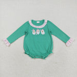 LR2411 Embroidery Christmas Santa Green Stripe Baby Girls Bubble Romper