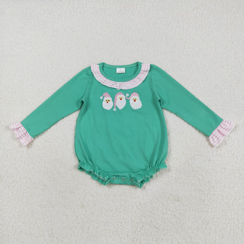 LR2411 Embroidery Christmas Santa Green Stripe Baby Girls Bubble Romper