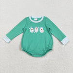 LR2412 Embroidery Christmas Santa Green Stripe Baby Boys Bubble Romper