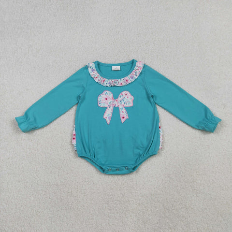 LR2432 Embroidery Flower Bows Blue Baby Girls Romper
