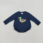 LR2436 Embroidery Mallard Ducks Navy Blue Baby Boys Romper