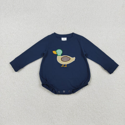 LR2436 Embroidery Mallard Ducks Navy Blue Baby Boys Romper