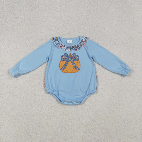 LR2441 Embroidery Flower Pumpkin Blue Baby Girls Romper