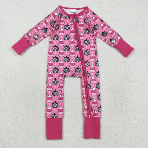 LR2467 Halloween Pumpkin Candy Corn Pink Baby Sleepers