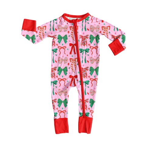 Preorder MOQ 5 pcs LR2476 Christmas Bows Red Baby Sleepers