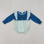 LR2477 Embroidery Nativity Jesus God Blue Baby Girls Romper