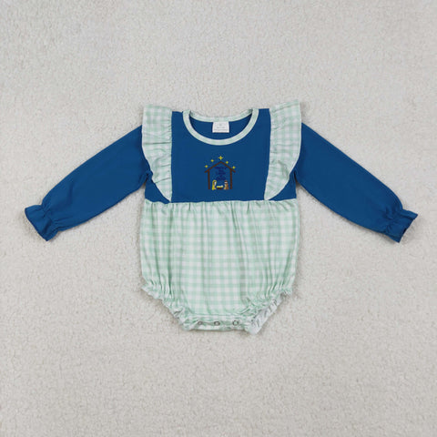 LR2477 Embroidery Nativity Jesus God Blue Baby Girls Romper