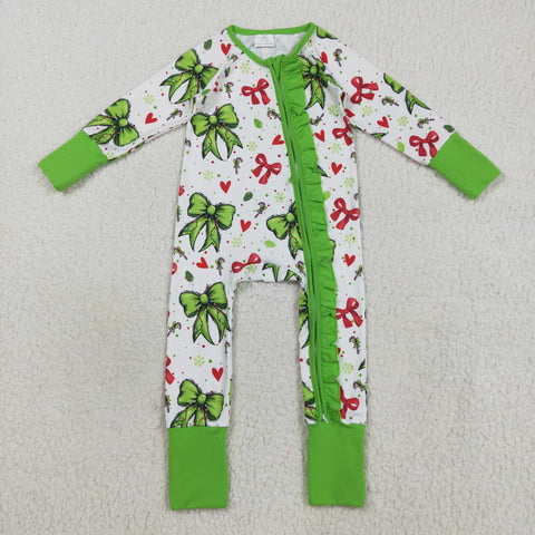 LR2482 Christmas Bows Love Green Baby Sleepers