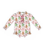 Preorder MOQ 5 pcs LR2483 Christmas Trees Pie Bows Baby Girls Romper