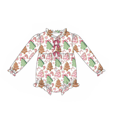 Preorder MOQ 5 pcs LR2483 Christmas Trees Pie Bows Baby Girls Romper