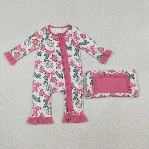LR2486 Christmas Trees Candy Canes Bows Pink Baby Sleepers