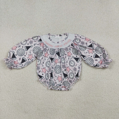 LR2493 Embroidery Happy New Year Pink Baby Girls Romper