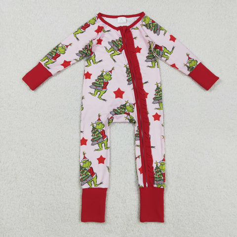 LR2496 Christmas Cartoon Trees Red Baby Footie Sleepers